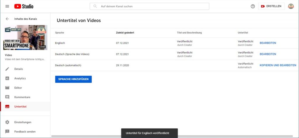 Mehrere Untertitel in YouTube Studio