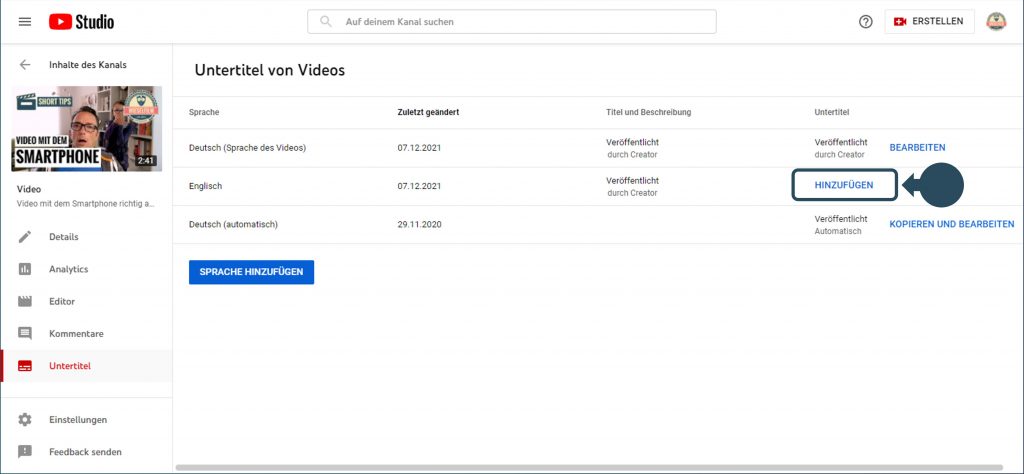 Untertitel in weiterer Sprache hinzufügen