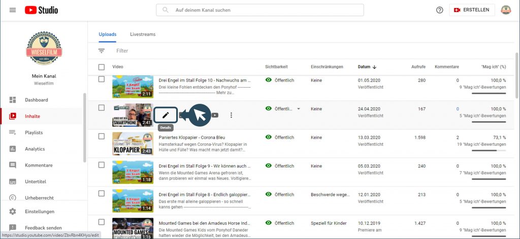 YouTube Studio Video Details öffnen