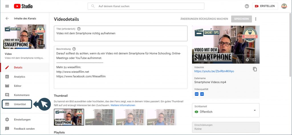 YouTube Studio Video Untertitel hinzufügenjpg