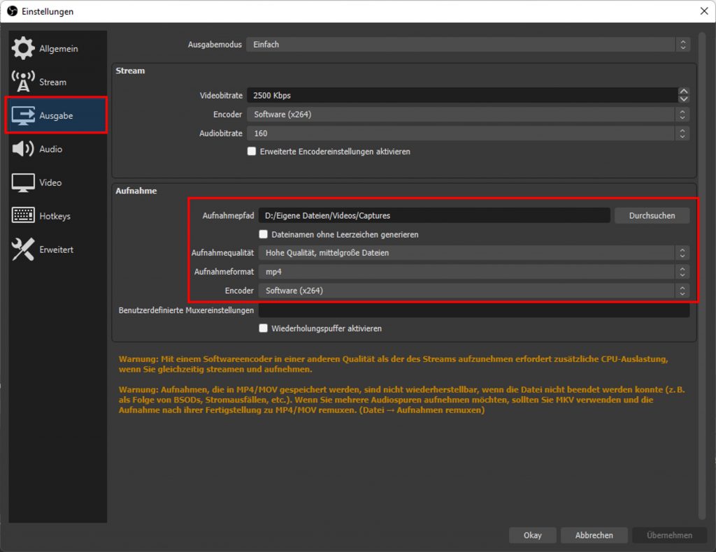OBS Ausgabe Einstellungen