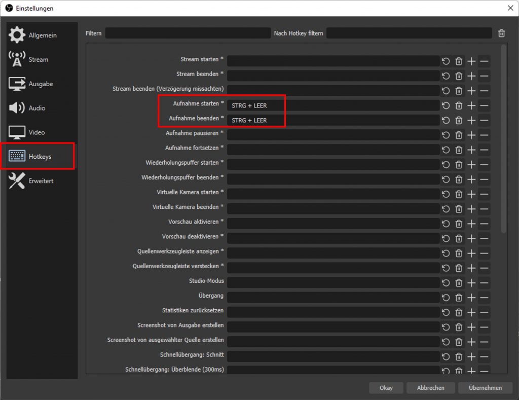 OBS Hotkeys Einstellungen