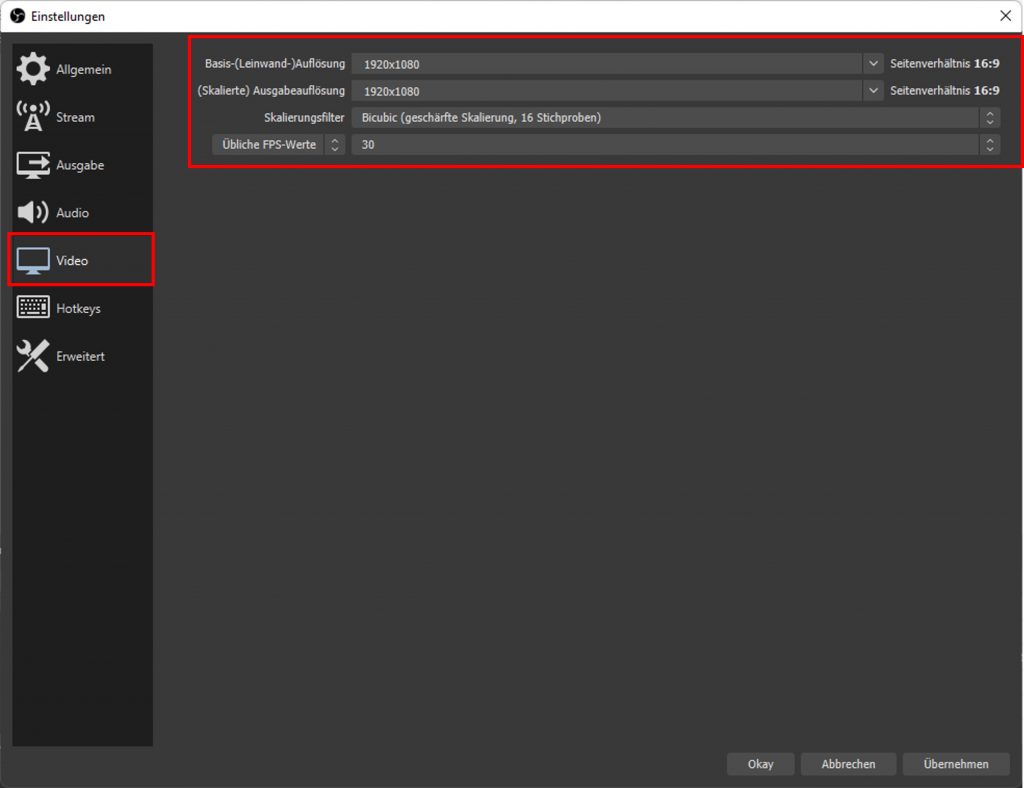 OBS Video Einstellungen