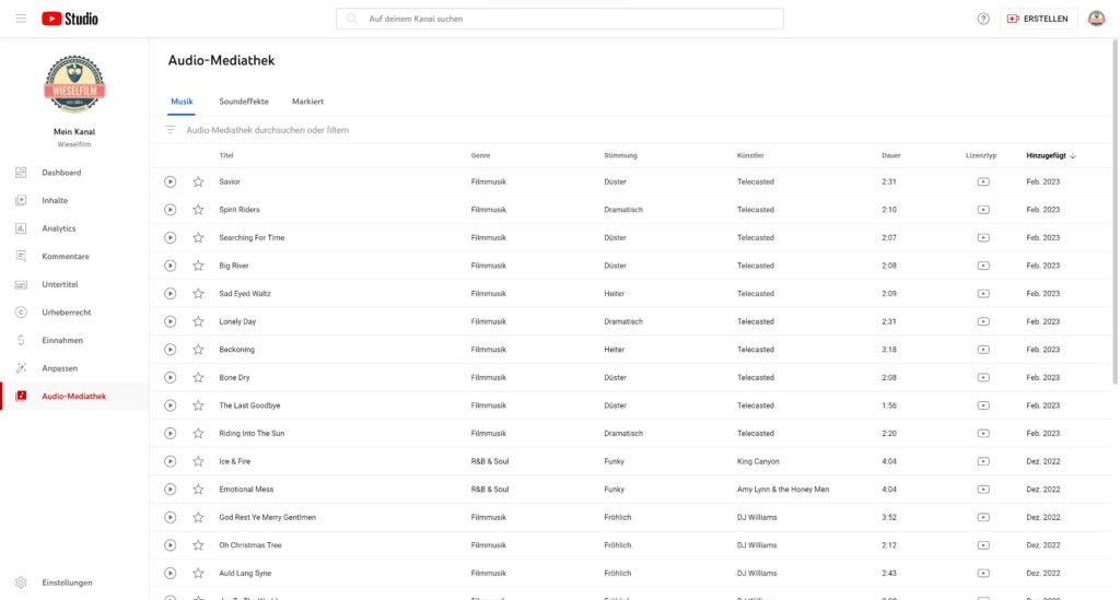 Musik in der YouTube Mediathek