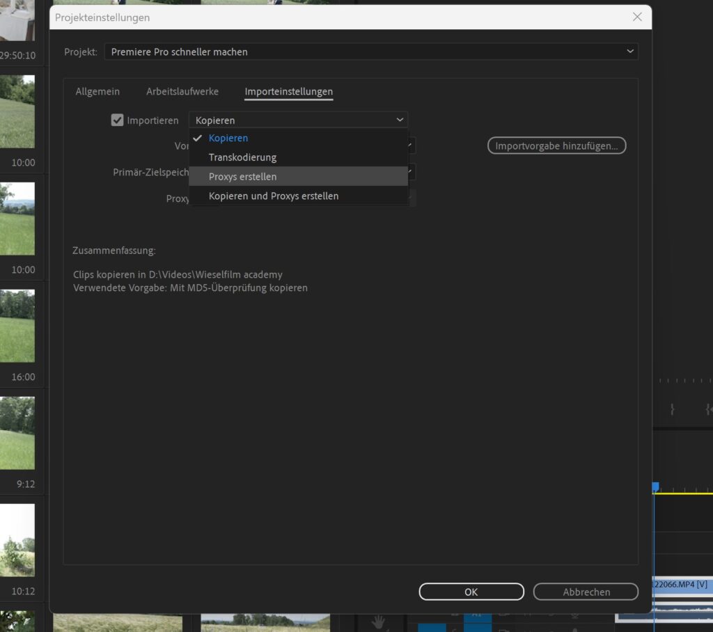 Importeinstellungen von Premiere Pro