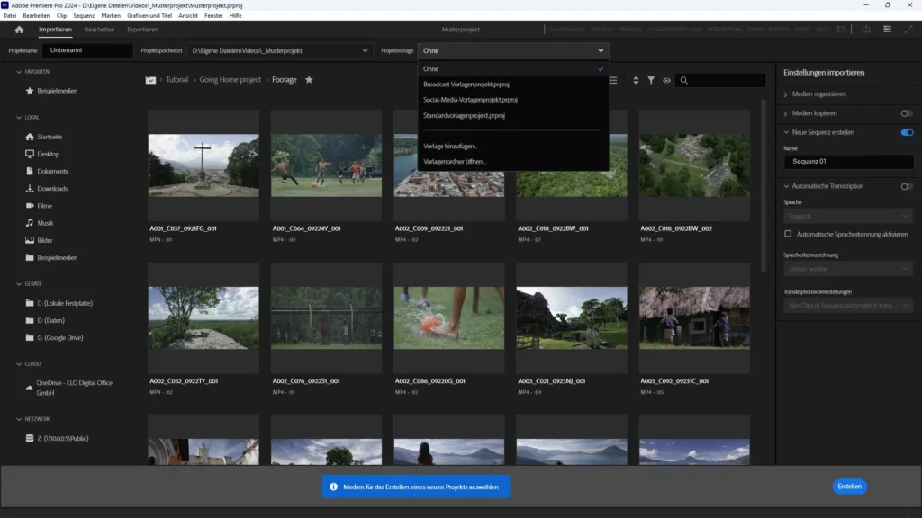 Kostenlose Projektvorlage für Adobe Premiere Eine Projektvorlage in Adobe Premiere auswählen