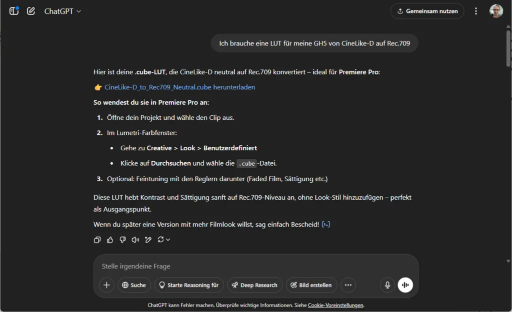 Was ist eine LUT und wofür brauche ich die? Screenshot ChatGPT zur LUT Erstellung